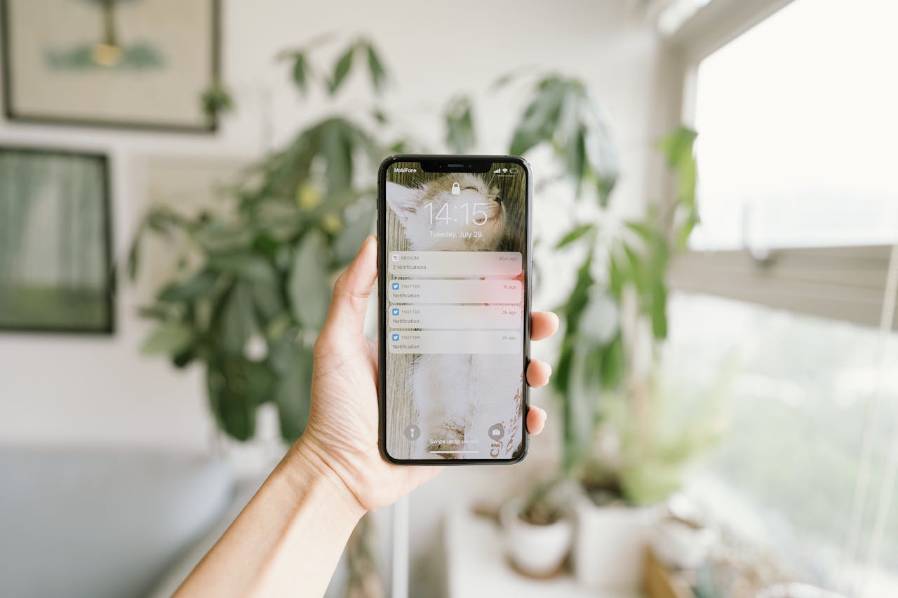 Pessoa segurando um smartphone com notificações na tela, em um ambiente iluminado com plantas ao fundo.