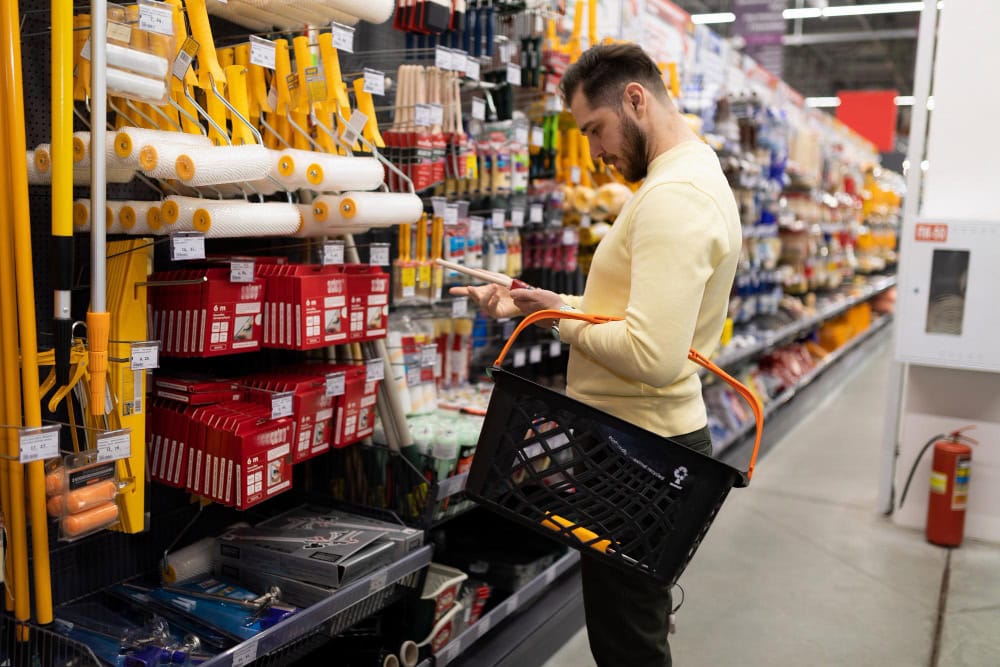Homem em loja de materiais de construção segurando um pincel e lendo o rótulo, com uma cesta de compras pendurada no braço.