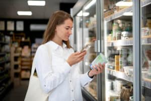 Mulher escaneando produto com o celular em frente a geladeira de supermercado.
