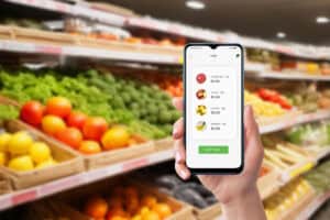 Pessoa segura um smartphone em frente à seção de frutas e verduras.
