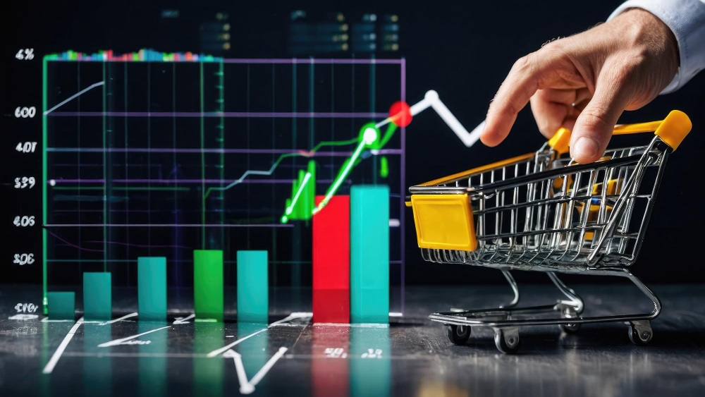 Ilustração de gráfico e carrinho de compras.