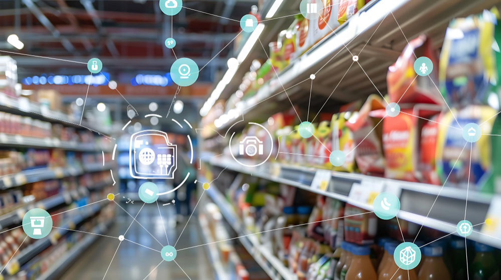 Corredor de supermercado com prateleiras de produtos e ícones digitais conectados representando tecnologia e automação no varejo.