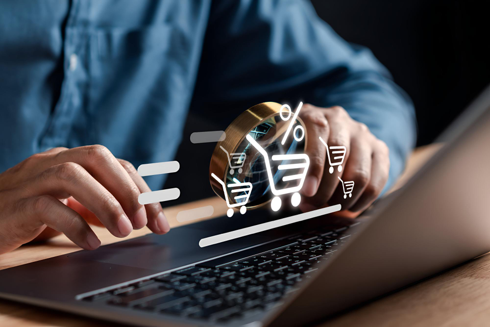 Foto em close das mãos de uma pessoa utilizando um notebook sobre uma mesa de madeira.