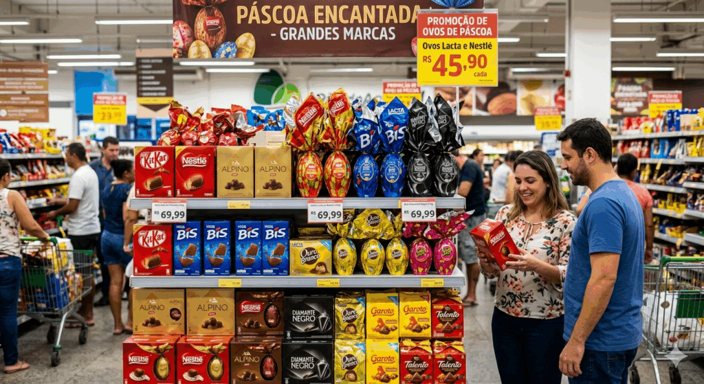 Casal escolhendo ovos de Páscoa em promoção no supermercado.