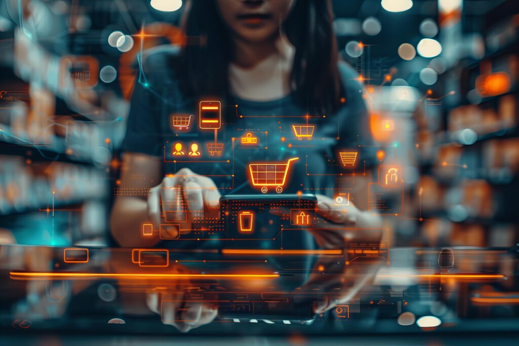 Uma pessoa utiliza um smartphone em um ambiente de varejo, com diversos ícones digitais de carrinhos de compra e gráficos de tecnologia flutuando ao redor, ilustrando o conceito de varejo digital e tecnológico.