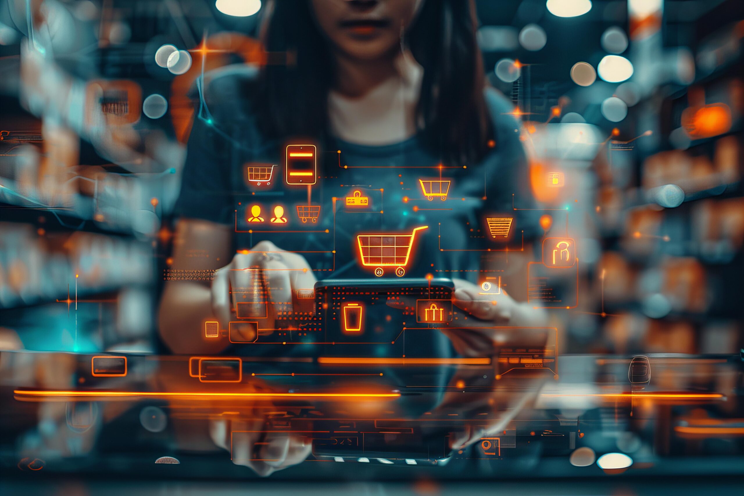 Uma pessoa utiliza um smartphone em um ambiente de varejo, com diversos ícones digitais de carrinhos de compra e gráficos de tecnologia flutuando ao redor, ilustrando o conceito de varejo digital e tecnológico.