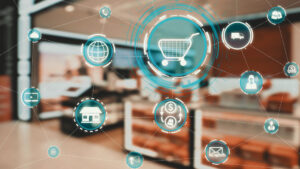 Ilustração de ambiente de varejo com elementos digitais e dados representando estratégias de retail media e publicidade direcionada no ponto de venda.