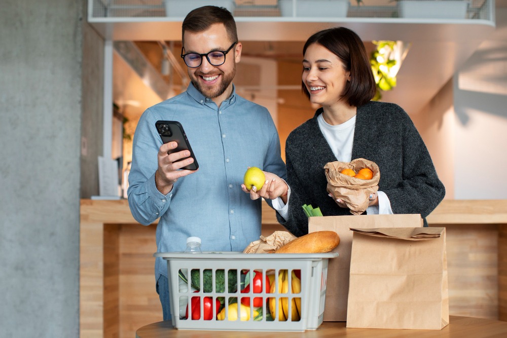 Casal organiza compras de supermercado enquanto consulta o celular na cozinha de casa.