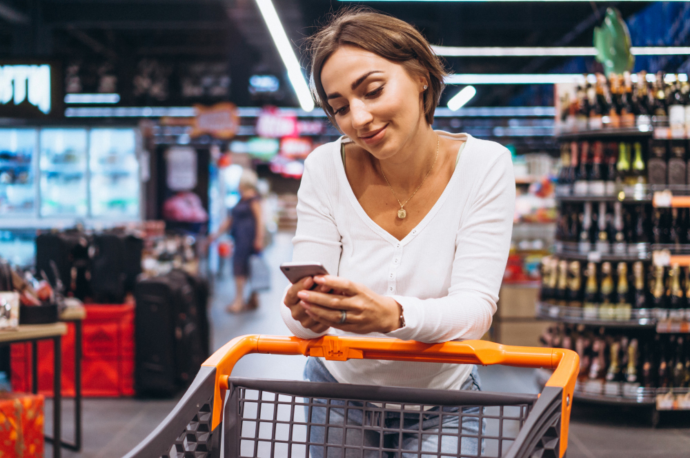 Mulher usa o celular enquanto segura um carrinho de compras dentro de um supermercado.