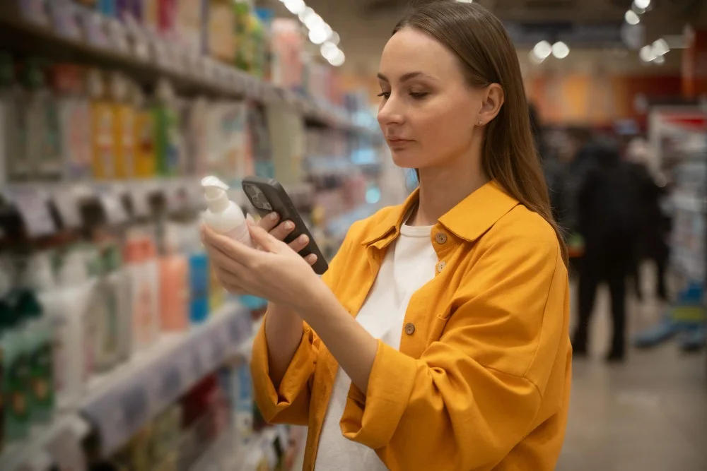 Mulher consulta informações de um produto no celular enquanto segura uma embalagem em corredor de supermercado.