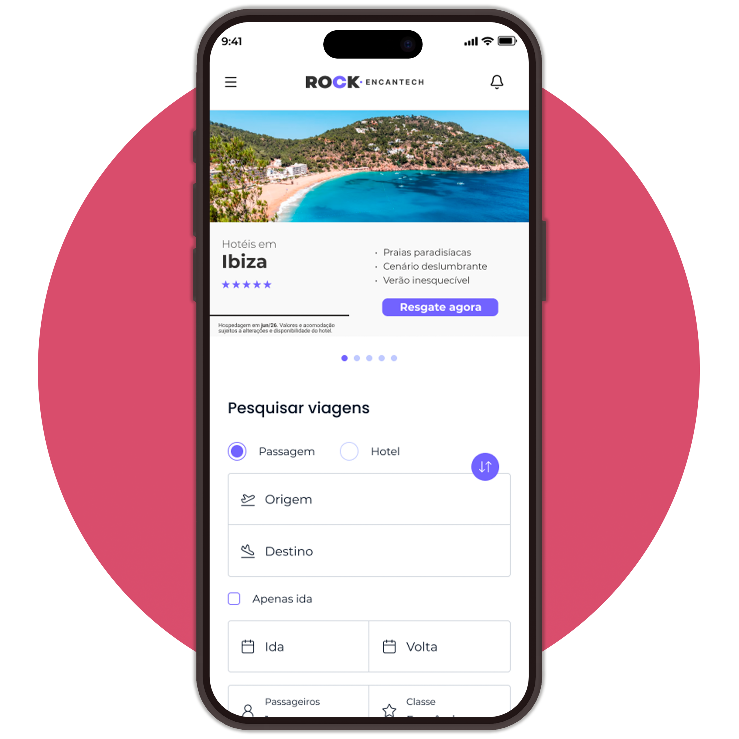 Mockup da plataforma de viagens integrada ao aplicativo bancário